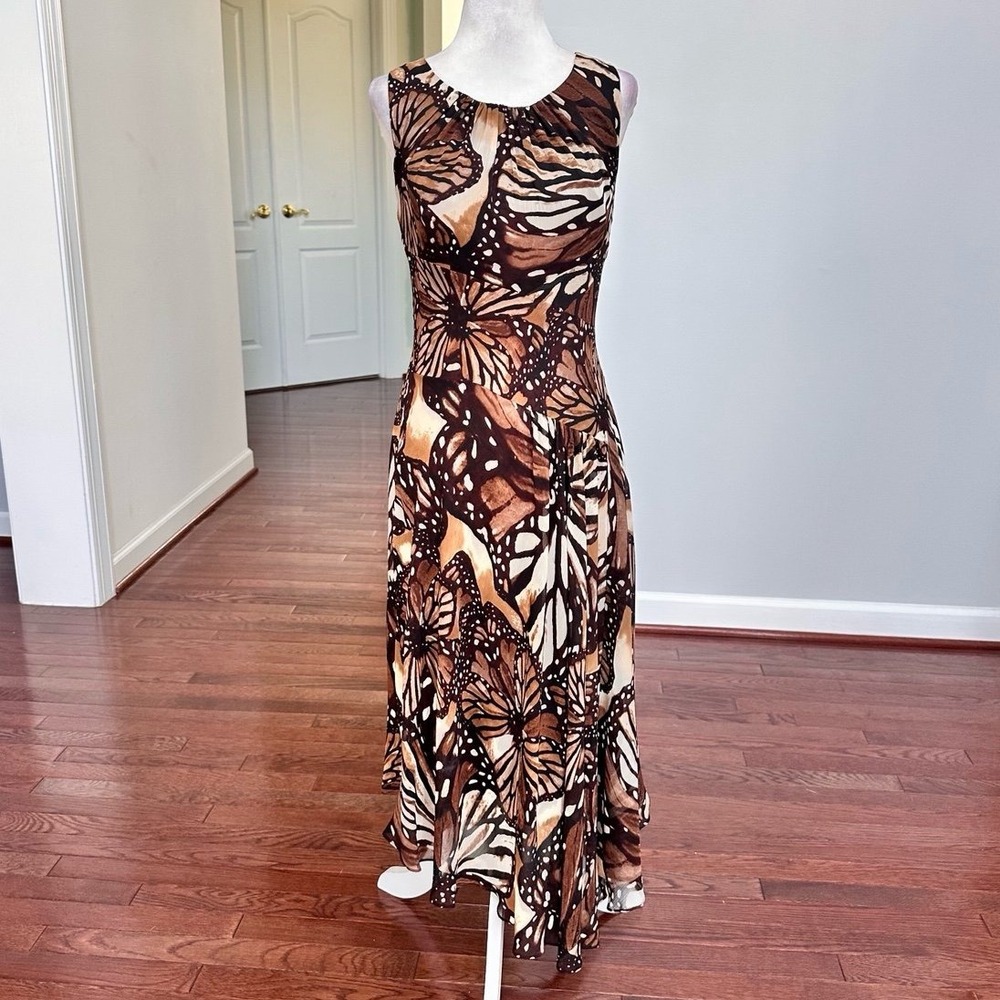 Vintage 2000s Evan Picone Brown Earth Tones Butterfly Asymmetrical Summer Dress - Picture 6 of 12